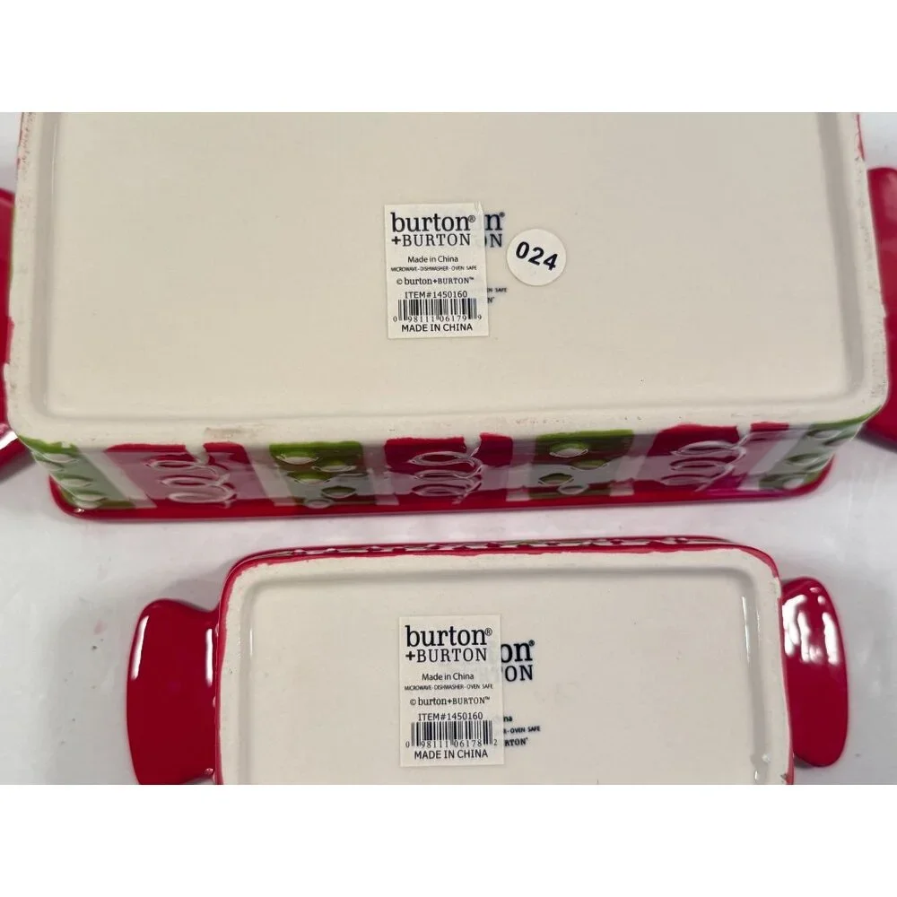 Baking Loaf Pans Stoneware Burton + Burton Christmas Red Green Polka Dots NEW